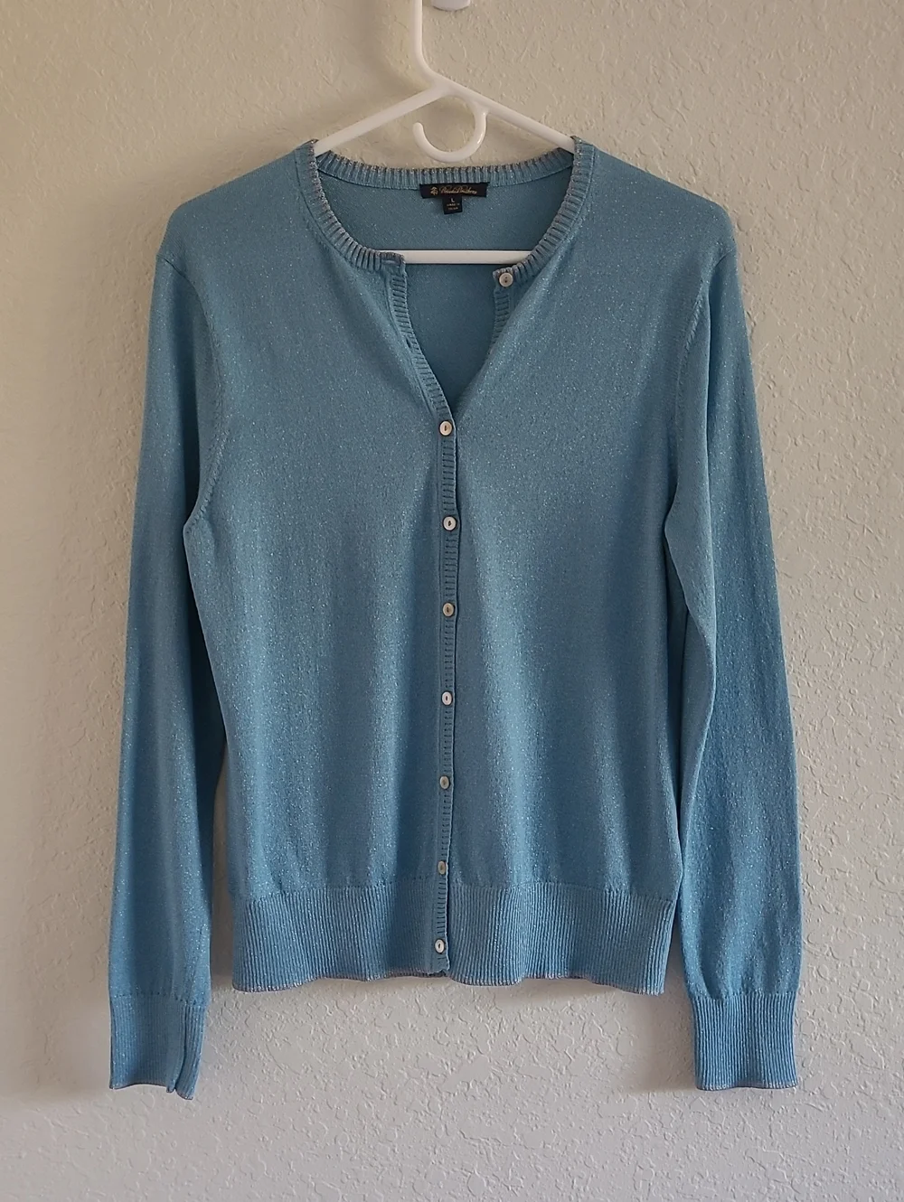 Brooks Brothers Light Blue Sparkle Button Cardigan. Sz L. Like New Grandma Core